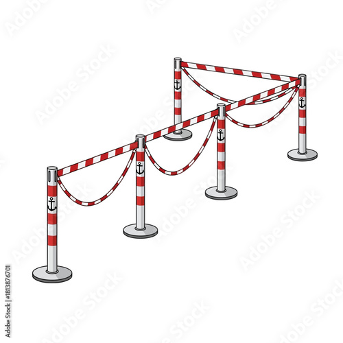 Red and white striped barrier posts connected by chains on white background.