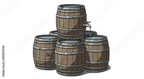 Stack of wooden barrels with metal hoops and spigot on a white background.