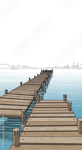 Wooden pier extends into blue water with city skyline in the background.