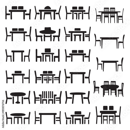Silhouettes of dining tables with chairs arranged neatly on white background for decor visuals