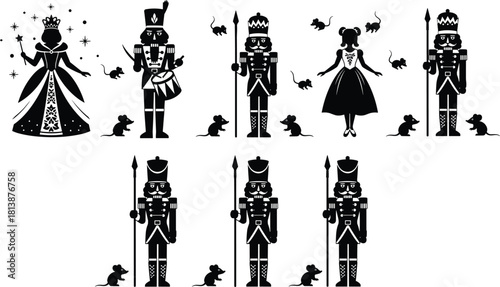 Detailed nutcracker soldier and fairy tale princess illustration with dancing mice, festive Christmas characters, classic holiday fantasy design in silhouette style.