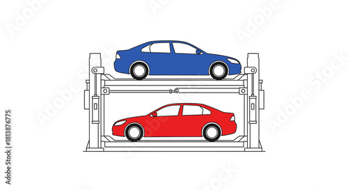 Two cars stacked on a mechanical lift one blue and one red.