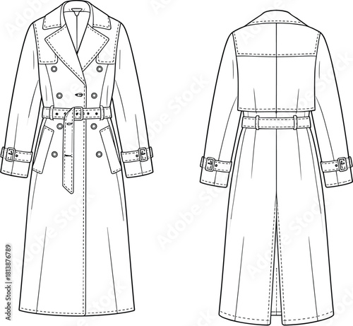 Detailed long trench coat technical flat illustration with double-breasted design, belt, cuffs, pockets, stitching accents, and classic structured outerwear silhouette.