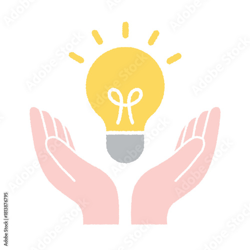 ひらめきを両手で支えるイラスト｜アイデア・発想・クリエイティブ素材