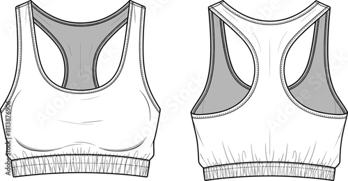Detailed technical vector illustration of front and back sports bra design featuring seams, stitching, racerback style, and elastic waistband construction.