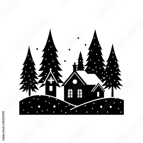 Silhouette of winter scene with houses and trees covered in falling snow flakes