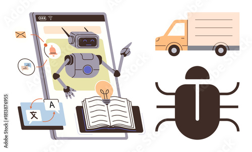 Robot assistant on a smartphone multitasking with translation, delivery, and debugging. Ideal for automation, AI, efficiency, logistics, software development technology and productivity. Simple