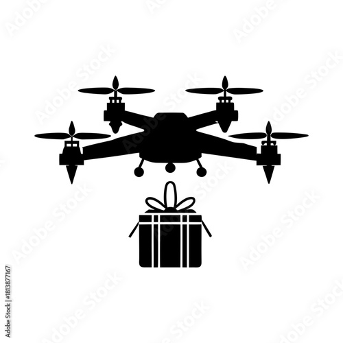 Silhouette of a drone carrying a gift box suspended below it in monochrome style