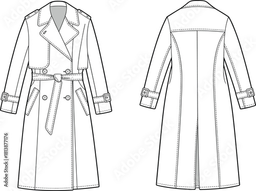 Elegant detailed trench coat fashion flat sketch showcasing front and back views with belt, buttons, and stitching for apparel design professionals.