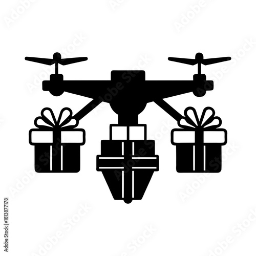 Illustration of a drone carrying gift boxes suspended beneath it in black and white