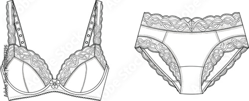 Elegant detailed lingerie vector illustration featuring lace bra and panties design, perfect for fashion catalogs, sewing patterns, and intimate apparel branding.