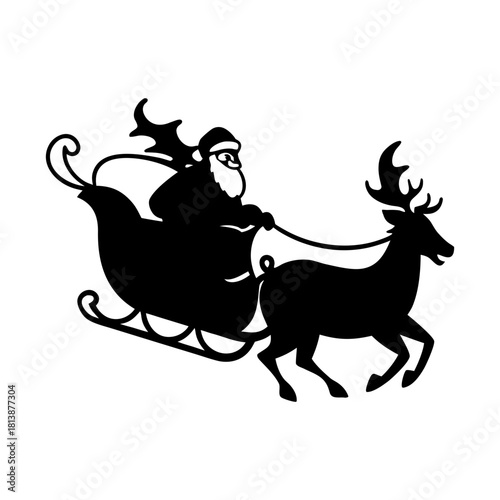 Silhouette of santa claus riding in a sleigh pulled by a reindeer on white background