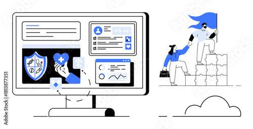 Computer screen with healthcare data, shield, analytics plus individuals climbing blocks holding flag. Ideal for healthcare, teamwork, leadership, technology, collaboration, data analysis