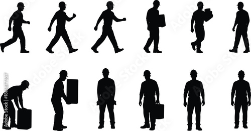 Collection of twelve black silhouettes of construction workers, builders wearing helmets, walking, carrying heavy boxes, lifting loads, standing isolated on white background, vector illustration set.