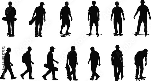 Collection of black silhouettes showing skateboarders riding and carrying boards isolated on white background for urban youth lifestyle and extreme sports vector design projects
