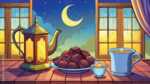 Dates teapot cups and lanterns placed neatly vector illustration ai generated art