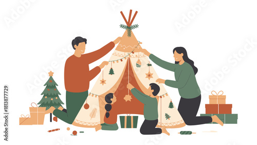 Christmas Family's Joyful Scene: A family collaboratively decorates a Christmas tent, capturing the essence of holiday cheer with a decorated Christmas tree and neatly wrapped presents.