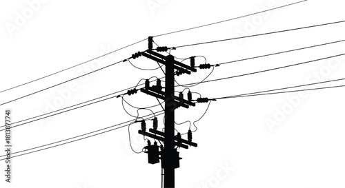 Electric power pole silhouette vector illustration, high voltage transmission lines, energy infrastructure blueprint, industrial electricity distribution network, black isolated on white background