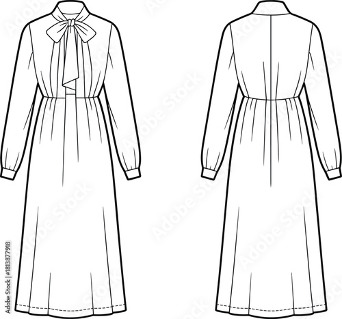 Elegant long-sleeve maxi dress fashion flat sketch with bow-tie neckline, gathered waist, cuffed sleeves, and front-back technical illustration details.