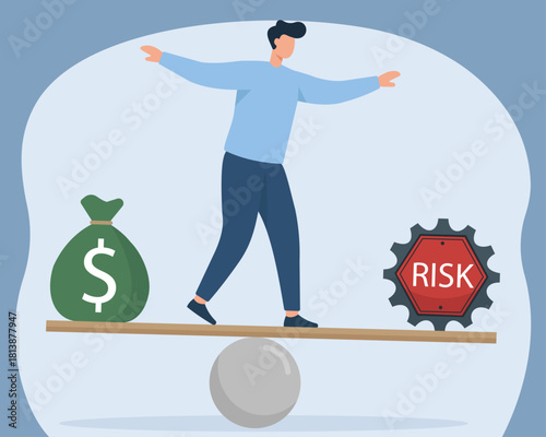 Balancing Act: Person on Seesaw with Money Bag and Risk Gear in Flat Vector Style, Financial Risk Management, Investment Balance, Reward vs Risk, Economic Equilibrium, Business Decision Making