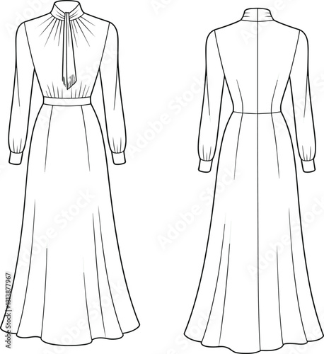 Elegant long-sleeve maxi dress technical fashion flat with high neckline, tie detail, fitted waist, flowing skirt, front and back vector illustration.