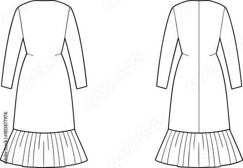 Elegant long-sleeve midi dress flat fashion sketch with pleated hem, technical garment drawing, front and back vector illustration for design use.