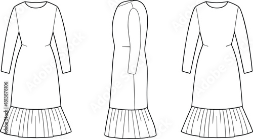 Elegant long-sleeve ruffle-hem midi dress technical flat sketch showcasing front, side, and back views for professional fashion design vector illustration.