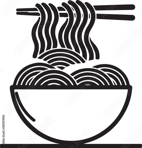 Black and White Icon of Noodles Being Eaten with Chopsticks