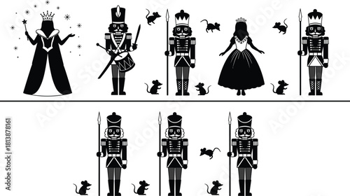 Elegant nutcracker characters with queen, princess, soldiers, drummer, and mice in festive holiday scene illustrated in detailed black silhouette vector style.