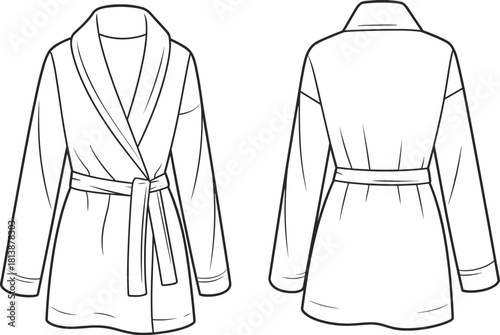 Elegant women’s bathrobe fashion flat sketch showcasing front and back views, detailed shawl collar design, long sleeves, and waist tie belt.