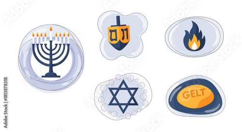 Hanukkah Bubble-Frame Icons — Translucent Decorative Flat Vector Set
