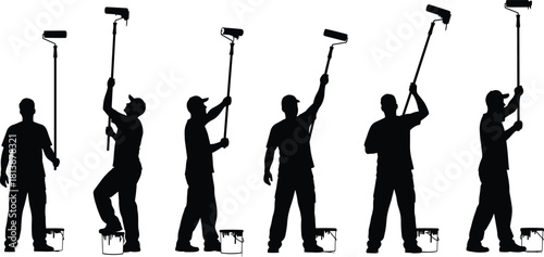 Silhouette set of construction worker painting wall with roller and bucket, professional decorator man in uniform, renovation concept, vector illustration isolated on white background.