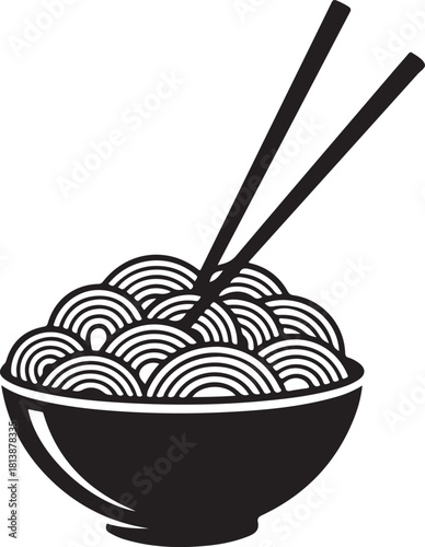 Black and White Icon of a Bowl of Noodles with Chopsticks
