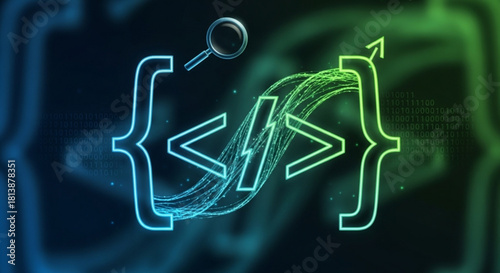 Neon glowing code brackets with slash and magnifying glass symbolizing programming analysis, debugging, and software development concept on dark background