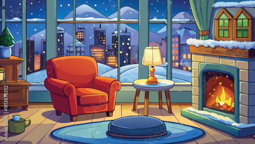 Bright cartoon bedroom with a cozy sofa close to a big window and winter scenery vector illustration ai generated art
