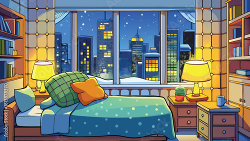 Soft cartoon bed setup beside an oversized window with a snowy backdrop vector illustration ai generated art