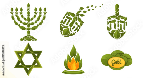 Hanukkah Floating Leaf-Shard Icons — Botanical Decorative Flat Vector Set