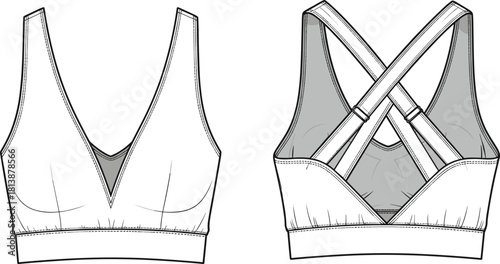 Fashionable women's sports bra vector illustration featuring deep V-neck front, stylish crisscross back straps, and detailed technical flat design.
