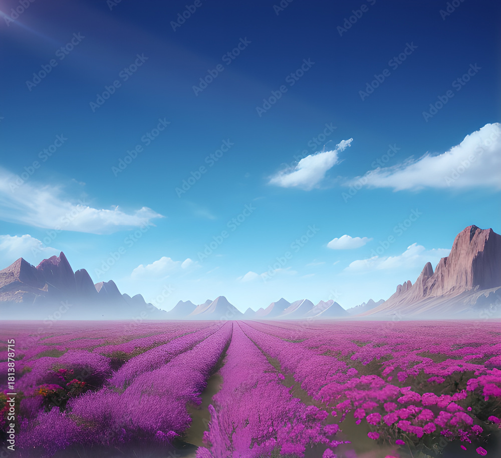 Obraz premium A serene sunrise paints the sky with vibrant hues as the day begins, casting a warm glow over a tranquil landscape Perfect for travel, Sunny field, lone tree, blue sky, flowers, idyllic landscape Over