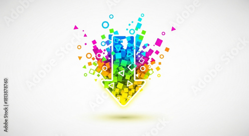Abstract colorful digital download arrow icon concept made of vibrant geometric shapes and particles exploding downwards isolated on