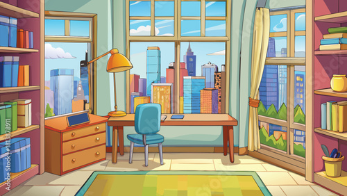 Playful cartoon city study room scene vector illustration ai generated art