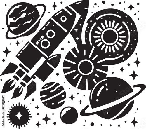 Cosmic adventure A black and white illustration depicting a rocket, planets, stars, and a galaxy, perfect for space-themed designs