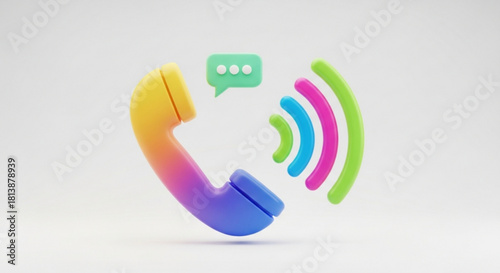 Colorful 3d icon of a ringing telephone receiver with a message bubble, symbolizing communication and call concept, isolated on