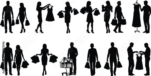 Silhouette illustration of men and women shopping, carrying bags, choosing clothes, and browsing fashion items, perfect for retail and commercial design themes.