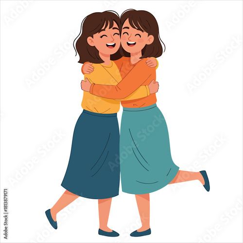 Two happy women hugging each other with closed eyes, expressing joy and friendship with warm embraces on a white background