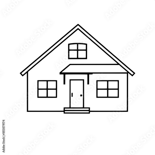 A straightforward, stylized outline of a house with a sharply peaked roof and minimal detailing, created in a bold vector-graphic format, featuring clean lines, geometric shapes, and a minimalist aest