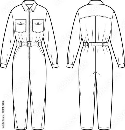 Technical fashion flat of a long-sleeve belted jumpsuit with front and back views, detailed stitching, pockets, and garment construction elements.