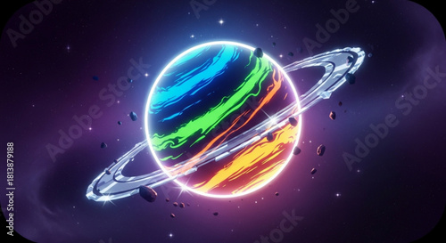 Vibrant neon glowing ringed planet with colorful stripes orbiting in a dark, starry cosmic space illustration