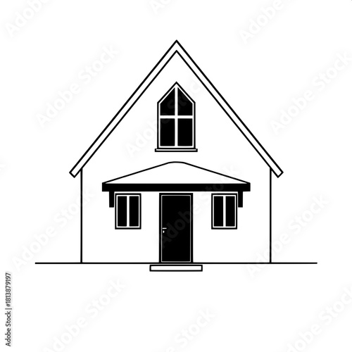 A straightforward, stylized outline of a house with a sharply peaked roof and minimal detailing, created in a bold vector-graphic format, featuring clean lines, geometric shapes, and a minimalist aest