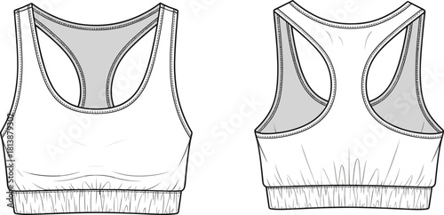 Vector illustration of front and back views of a racerback sports bra with detailed stitching, elastic band, and technical fashion drawing style.